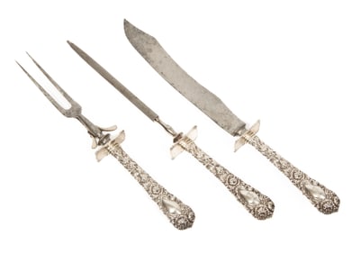 American Victorian Chrysanthemum Motif Sterling Silver Three-Piece Carving Set, incl. carving fork,