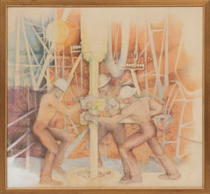 Kathryn Gaines, American 20th c., "The Oil Rig", mixed media on paper laid on board