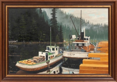 Kenneth Brauner, American/Oregon 1923-2008, "Tugs on the Siletz", oil on canvas