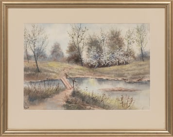 George Overbury "Pop" Hart, American/Illinois 1868-1933, "Landscape with Footbridge across a Pond",