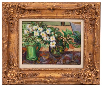 John Calvin, American 20th c., "Still Life with Vase of Flowers and Pitcher", oil on canvas