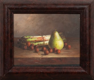 American School 20th c., "Still Life of Asparagus, Pear and Cherries", oil on panel