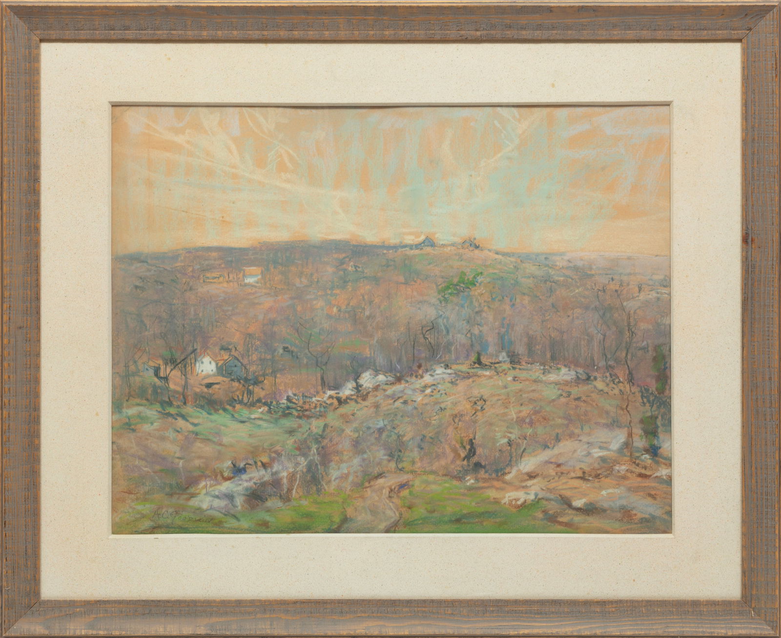 Arthur Clifton Goodwin, American/Massachusetts 1864-1929, "Spring Landscape", pastel on paper laid: Arthur Clifton GoodwinAmerican/Massachusetts, 1864-1929"Spring Landscape"pastel on paper laid on boardsigned lower left, framed.19 x 24 1/4 in. (48.3 x 61.6 cm.), Frame: 27 x 32 3/4 x 1 in. (68.6 x 83
