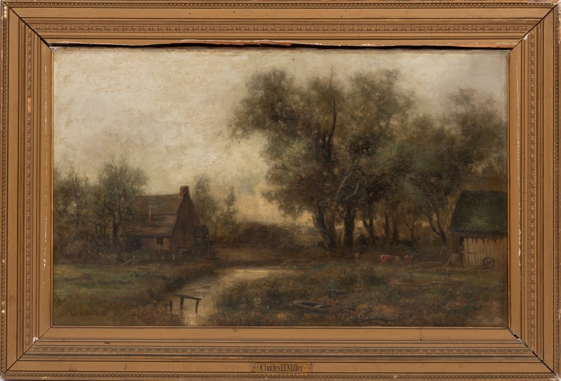 Charles Henry Miller, American/New York 1842 - 1922, ?The Old Watermill?, oil on canvas: Charles Henry MillerAmerican/New York, 1842 - 1922?The Old Watermill?oil on canvassigned lower left, framed with artist plaque.19 x 31 in. (48.3 x 78.7 cm.), Frame: 25 3/8 x 37 1/4 x 2 in. (64 1/2 x 9