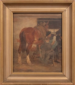 American School 1935, "Shoeing the Horse", oil on board
