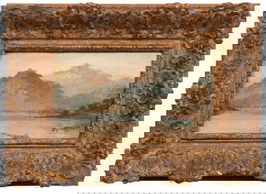 American School 19th c., "Mountainous Landscape with Lake", oil on panel