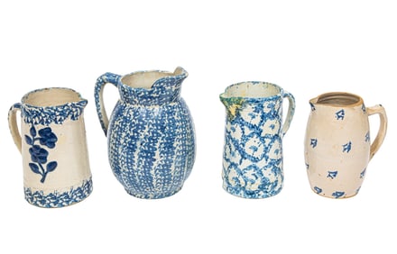 Four Antique American Stoneware Blue and White Pitchers