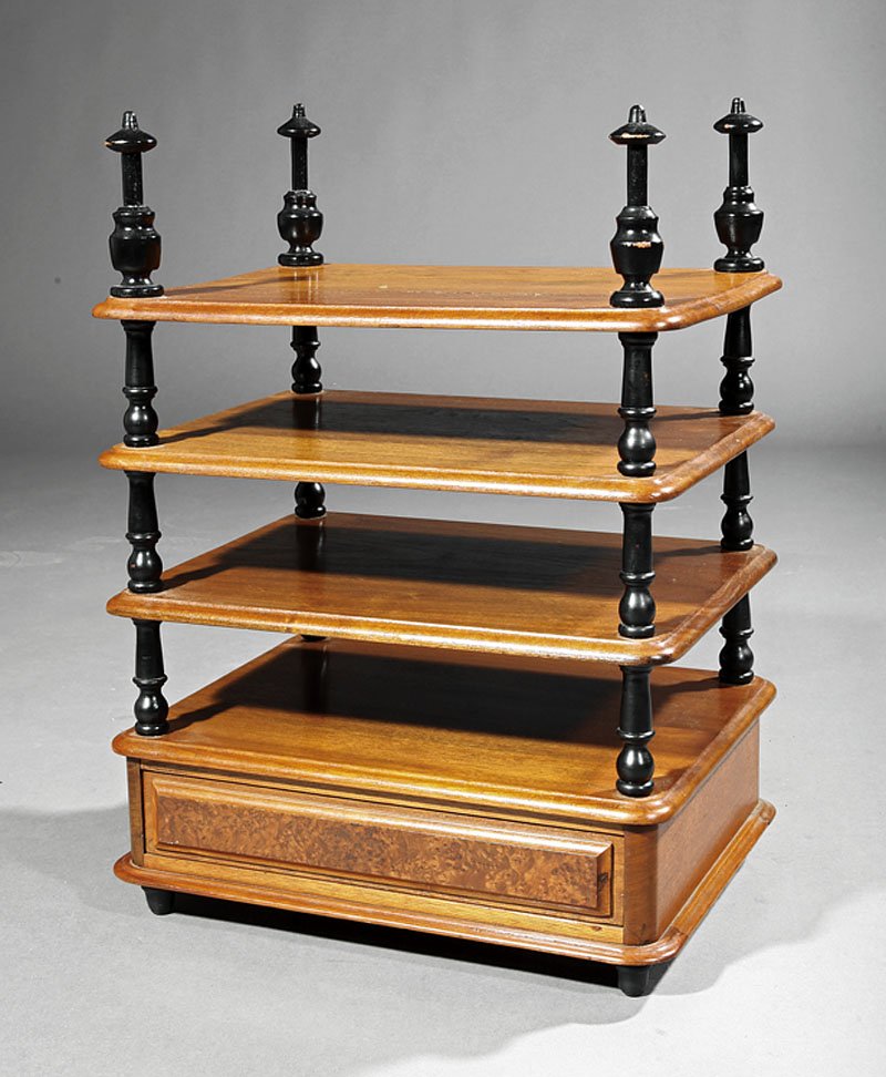 American or English Walnut and Ebonized Etagere: A Small American or English Walnut and Ebonized Table Top Etagere, late 19th c., three shelves, base with a burled paneled drawer, turned feet, height 27 in., width 19 1/2 in., depth 15 in