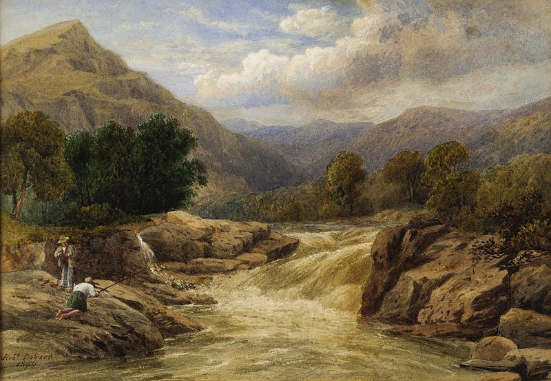 Robert Dobson (British, known active 1874): Robert Dobson (British, known active 1874 ), "Salmon Fishing", 1874, watercolor on paper, signed and dated lower left, sight 9 in. x 13 1/4 in., matted and framed