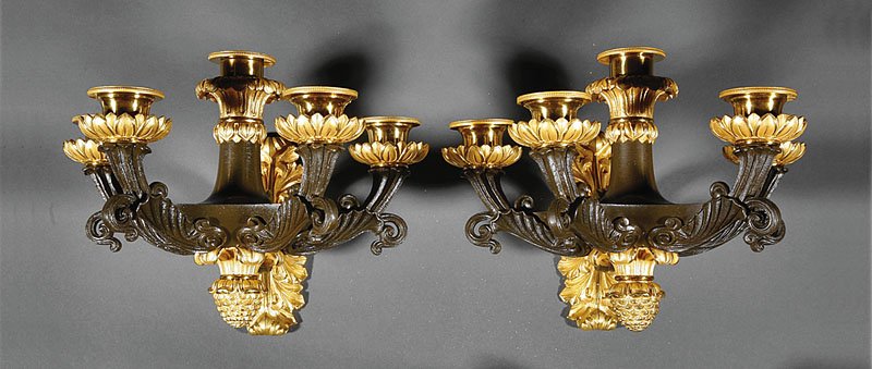 A Pair of French Restauration Five-Light Sconces: A Pair of French Restauration Gilt Lacquered and Patinated Bronze Five-Light Sconces, c. 1825, marked "BE", foliate backplate, scrolled arms, pineapple pendant, height 7 1/2 in., width 9 1/4 in., dept