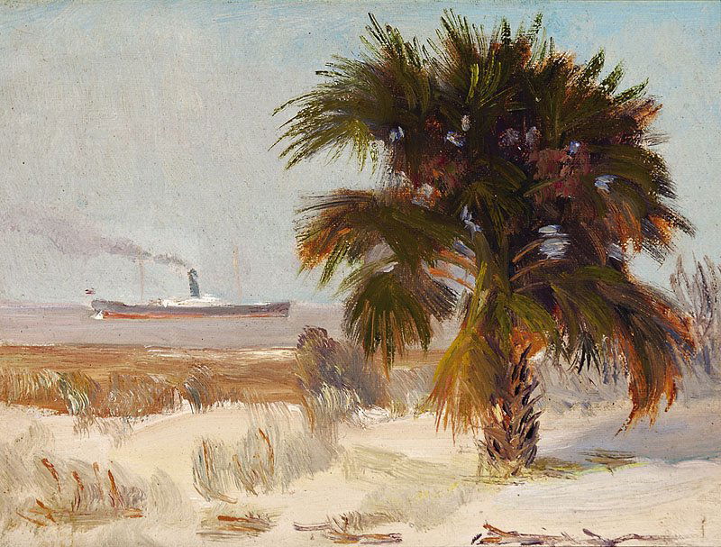 William Posey Silva (American, 1859-1948): William Posey Silva (American, 1859-1948), "Outgoing - Off Tybee Island", oil on canvas board, titled on notarized estate label affixed en verso, 6 in. x 8 in