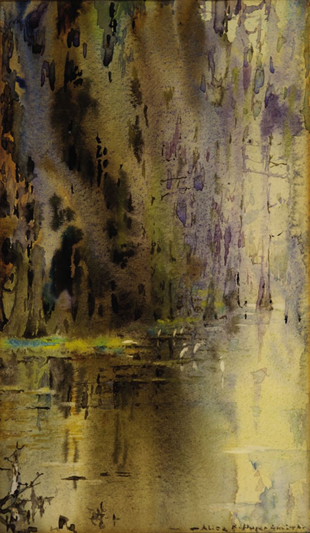 Alice Ravenel Huger Smith: Alice Ravenel Huger Smith (American/South Carolina, 1876-1956), "Low Country, Carolina Coast, Landscape II", watercolor on paper, signed lower right, "Nadeau's Art Store, King Street, Charleston" part