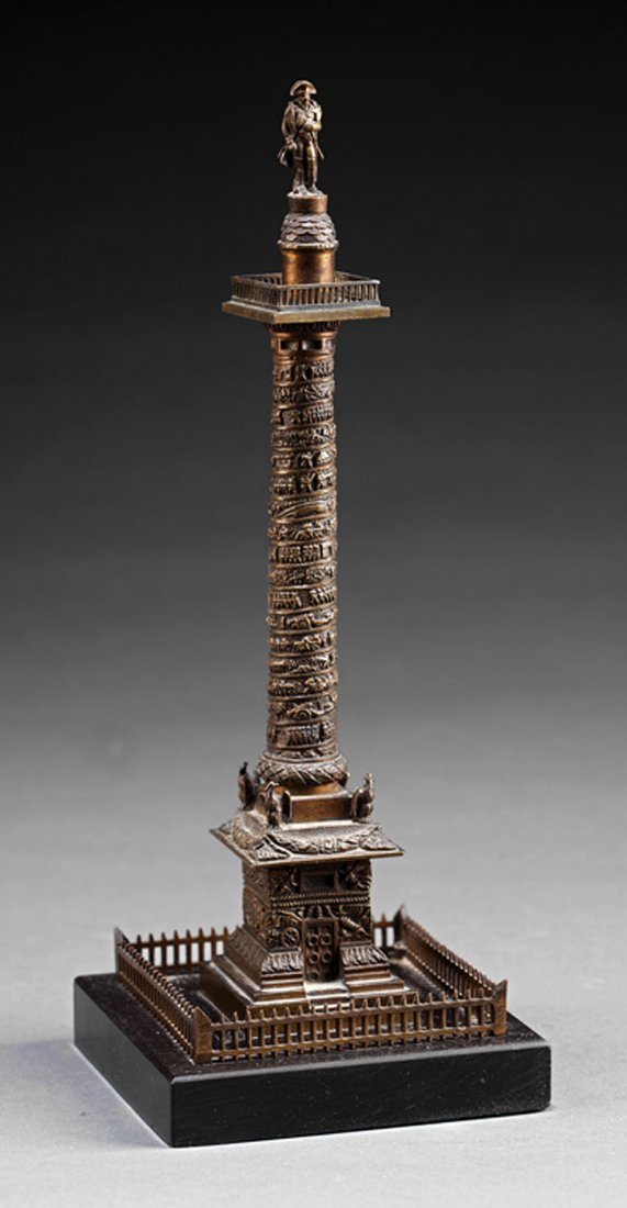 A Grand Tour Bronze Model of the Vendôme Column: A Grand Tour Patinated Bronze Model of the Vendôme Column, 19th c., thermometer en verso, black marble base, height 11 1/8 in