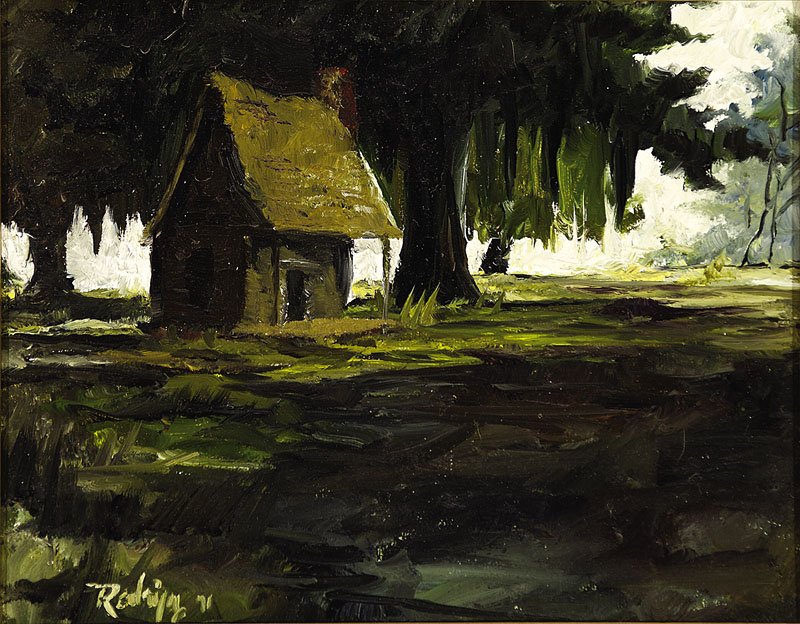 George Rodrigue (American/Louisiana, b. 1944): George Rodrigue (American/Louisiana, b. 1944), "Cabin in the Bayou", 1971, oil on canvas, signed and dated lower left, signed, dated and stamped George Rodrigue Art Gallery, Lafayette, Louisiana en ve