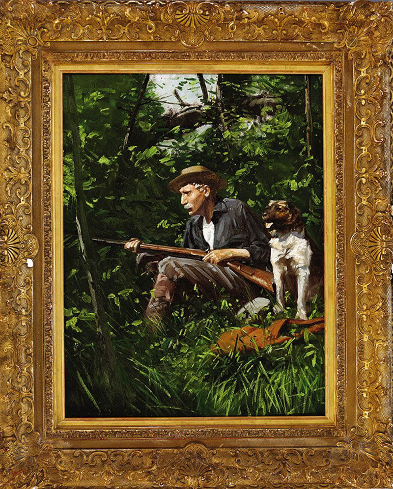 Gilbert Gaul (American/Tennessee, 1855-1919): Gilbert Gaul (American/Tennessee, 1855-1919), "Waiting for Turkeys, On the Turkey Stand", c. 1890, oil on academy board, signed lower left, titled in pencil en verso, label en verso for H.V. Allison G