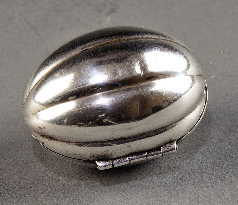 Silver Nutmeg Grater, Gorham: A Rare American Sterling Silver Nutmeg Grater, Gorham, wc. 1865 to present, lobed nut form, length 2 1/8 in., weight 1.15 troy ozs