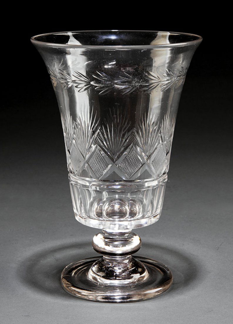 An American Blown and Cut Glass Celery Vase: An American Blown and Cut Glass Celery Vase, 19th c., Pittsburgh, flared form with fan and diamond pattern, turned footed base, height 8 in., diameter 5 3/8 in