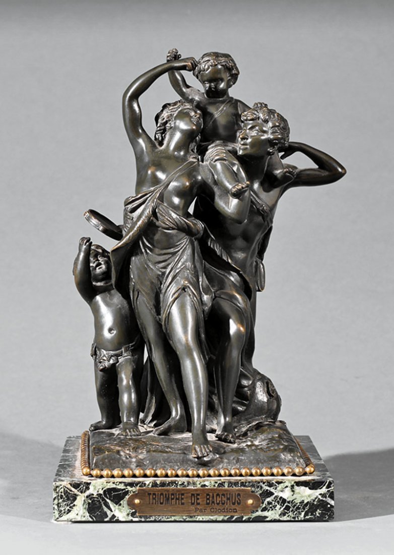 A Bronze Group of Bacchic Revelers: A Bronze Group of Bacchic Revelers, male and female figures with two infants, apocryphally inscribed "Clodion" on right edge of base, on green marble plinth with ormolu border, height 11 in., width 6