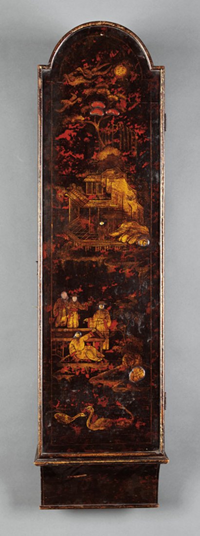 An English Chinoiserie Wall Cabinet: An English Chinoiserie Wall Cabinet, 19th c., arch top, the door opening to three adjustable shelves, incurvate bracket, height 43 1/2 in., width 11 in., depth 7 in
