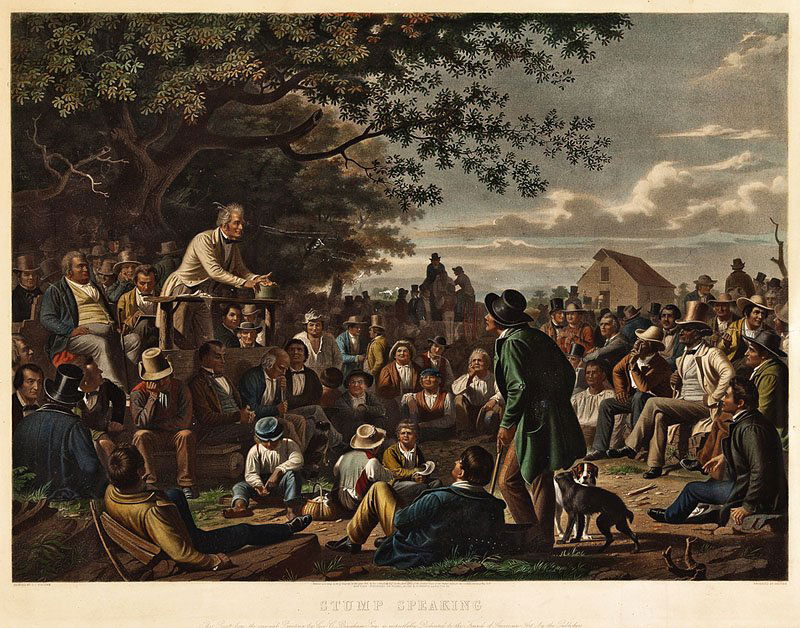 After George Caleb Bingham (American, 1811-1879): After George Caleb Bingham (American, 1811-1879), "Stump Speaking", 1856, hand-colored engraving and mezzotint, published by Fishel Adler & Schwartz, New York, engraved by Louis-Adolphe Gautier, sight