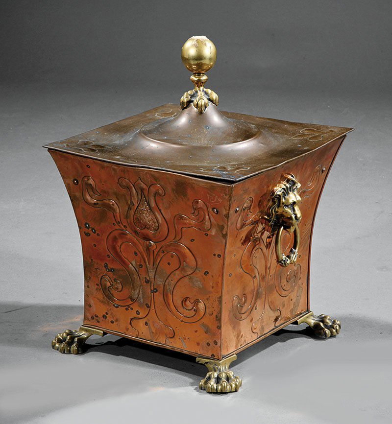 An English Copper and Brass Covered Coal Bucket: An English Copper and Brass Covered Coal Bucket, 19th c., flared square body with repousse floral design, lion's head handles, paw feet, lid with ball and claw knob, height 19 in., width 14 in., depth