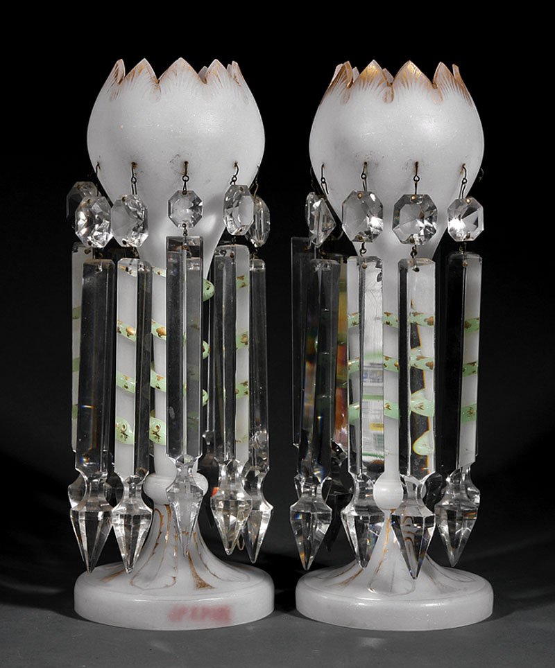 A Pair of French or English Opaline Glass Lustres: A Pair of French or English Opaline Glass Lustres, mid-19th c., prism hung, each in the form of an unfolding tulip, the petal tips gilded, the stem entwined with a green serpent, on a spreading foot,