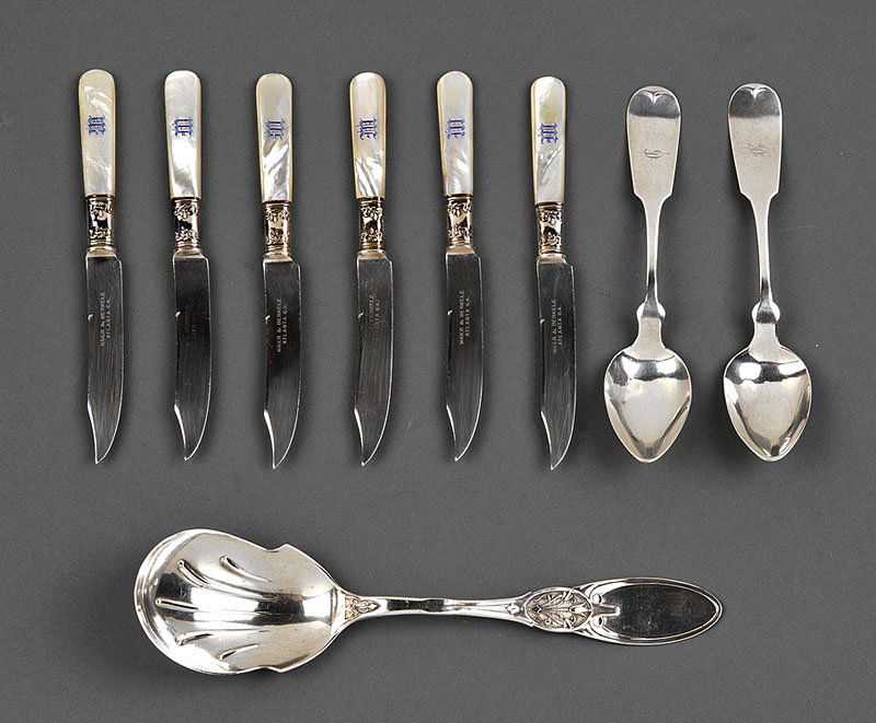 A Group of Atlanta, Georgia Silver Flatware: A Group of Atlanta, Georgia Silver Flatware, including 2 teaspoons, E.R. Lawshe, wc. 1850-1885; a serving spoon, ret. George Sharp, Jr., act. Atlanta from 1871, by Krider & Biddle, Philadelphia, wc. 1