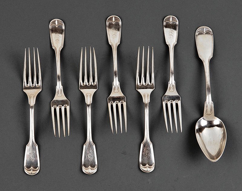 A Group of New Orleans "Fiddle Thread" Flatware: A Group of New Orleans "Fiddle Thread" Coin Silver Flatware, including a tablespoon, Adolphe Himmel, wc. 1852-1877; and 6 forks, Adolphe Himmel for A.B. Griswold, c. 1865-1869; weight 12 troy ozs Refe