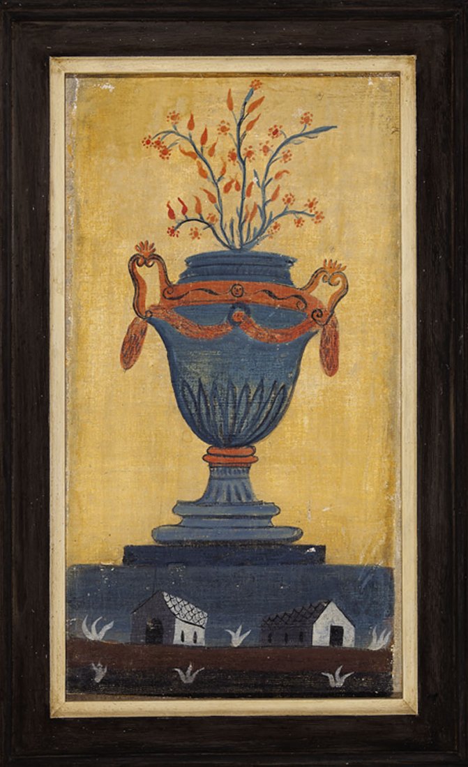 Continental School, 19th/20th c: Continental School, 19th/20th c., a pair of neoclassical style decorative panels centered with urns issuing flowers, oils on rough canvas, laid down on plywood, 29 1/4 in. x 15 1/2 in. Provenance: Amy