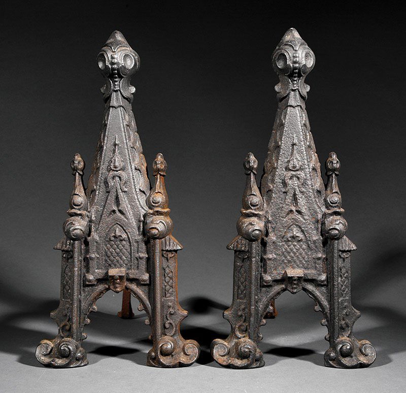 A Pair of American Gothic Revival Andirons: A Pair of American Gothic Revival Cast Iron Andirons, mid-19th c., attributed to Savery & Company, Philadelphia, arched crocketed form, height 17 in., width 8 1/2 in., depth 14 1/2 in