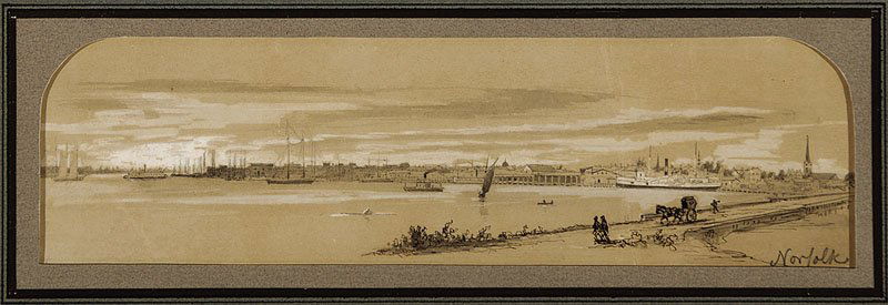 James Wells Champney (American, 1843-1903): James Wells Champney (American, 1843-1903), "View of Norfolk, Virginia", 1873, gouache, ink and pencil on paper, inscribed lower right "Norfolk", sight 2 3/4 in. x 9 7/8 in., framed Illustrated: Brewe