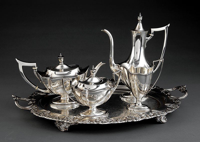A Gorham "Plymouth" Coffee and Tea Service: A Gorham "Plymouth" Pattern Sterling Silver Coffee and Tea Service, comprised of a coffee pot, teapot, sugar and creamer with vintage pattern silverplate tray, combined weight 46.55 troy ozs