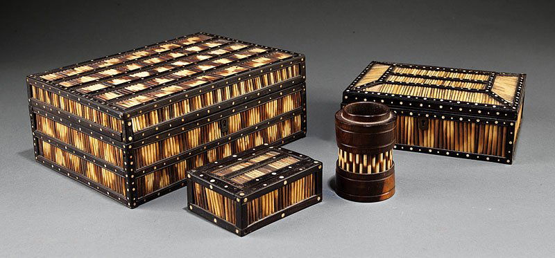A Group of Anglo-Indian Porcupine Quill Boxes: A Group of Anglo-Indian Porcupine Quill and Ebony Boxes, 19th c., comprised of three rectangular boxes including a small slide top box, length 4 5/8 in., width 3 1/2 in.; a bevel topped box, length 8