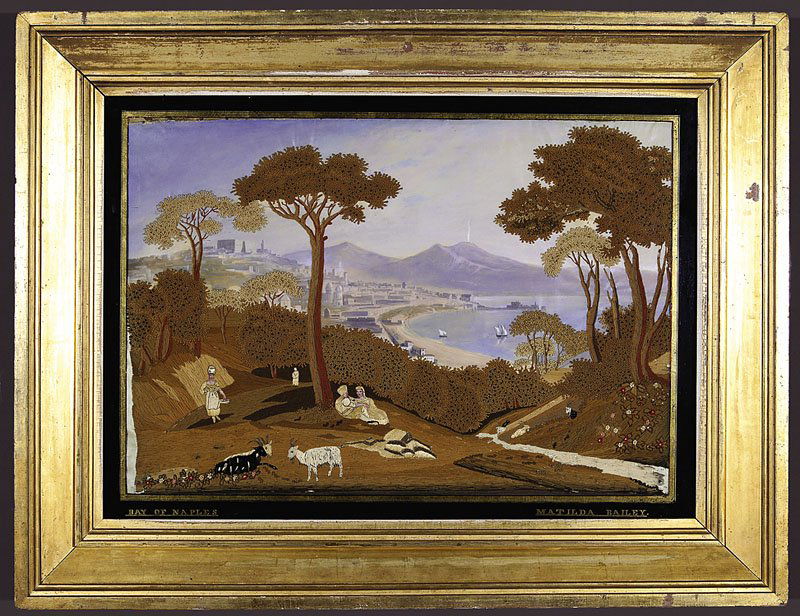 Matilda Bailey (American or British, mid-19th c.): Matilda Bailey (American or British, mid-19th c.), "Bay of Naples with Mount Vesuvius", needlework and oil on silk, signed in mat lower right, titled lower left, 18 1/2 in. x 27 in., eglomise matted,