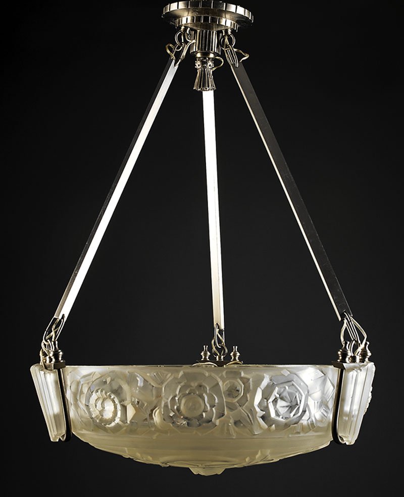 A French Art Deco Frosted Glass Chandelier: A French Art Deco Frosted Glass Chandelier, early 20th c., labeled "Sabino, 4651, Paris, Depose", the shade with floral and geometric designs, height 27 in., diameter 18 in