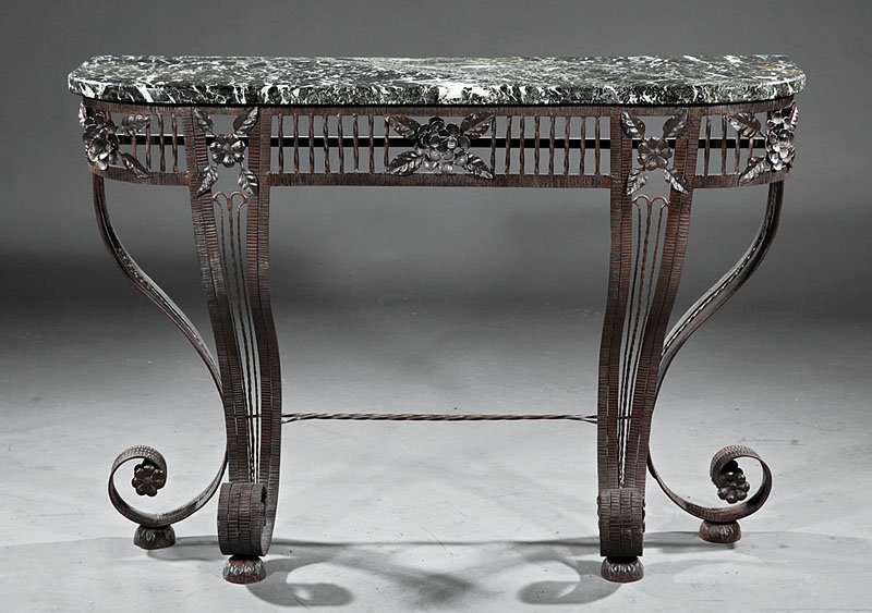 A Belle Epoque-Style Wrought Metal Console: A Belle Epoque-Style Wrought Metal Console, variegated marble top, pierced frieze with rosettes, scrolled legs, height 30 in., width 42 1/2 in., depth 15 1/2 in