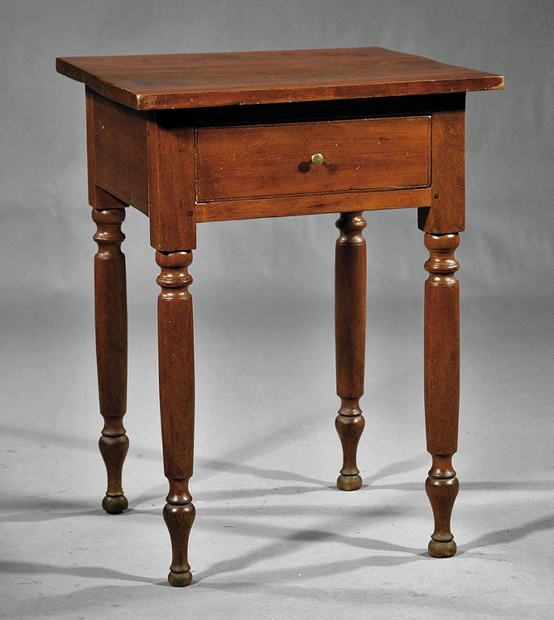 An American Classical Cherrywood Work Table: An American Classical Cherrywood Work Table, early 19th c., square top, molded drawer, turned tapered legs, button feet, height 26 3/8 in., width 19 3/4 in., depth 19 3/8 in