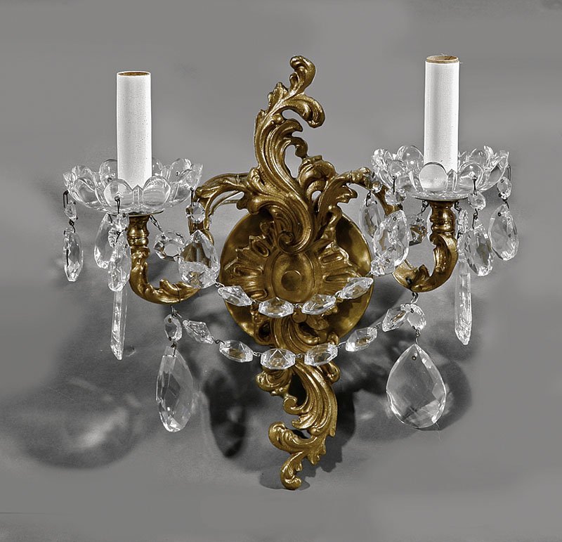 A Pair of Louis XV-Style Sconces: A Pair of Louis XV-Style Gilt Brass and Cut Glass Two-Light Sconces, height 12 in., width 12 in