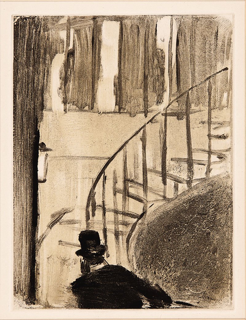 After Edgar Degas (French, 1834-1917): After Edgar Degas (French, 1834-1917), "Stairwell", from "La Famille Cardinal", 1939, intaglio print after a monotype by Degas, unsigned, plate 8 1/4 in. x 6 1/8 in., framed