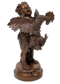 Adriano Cecioni, Italian 1836-1886, "Enfant Au Coq", bronze with yellowish brown patina