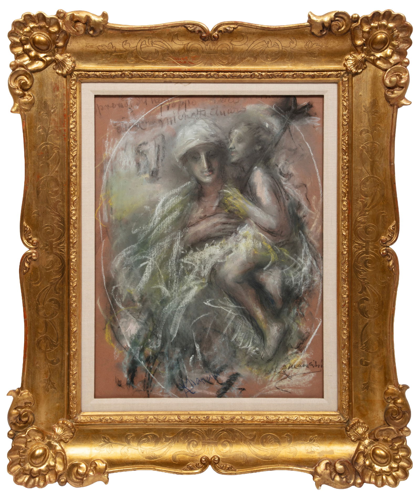 Antonio Mancini, Italian 1852-1930, "Maternit?", charcoal and pastel on paper (1 of 4)