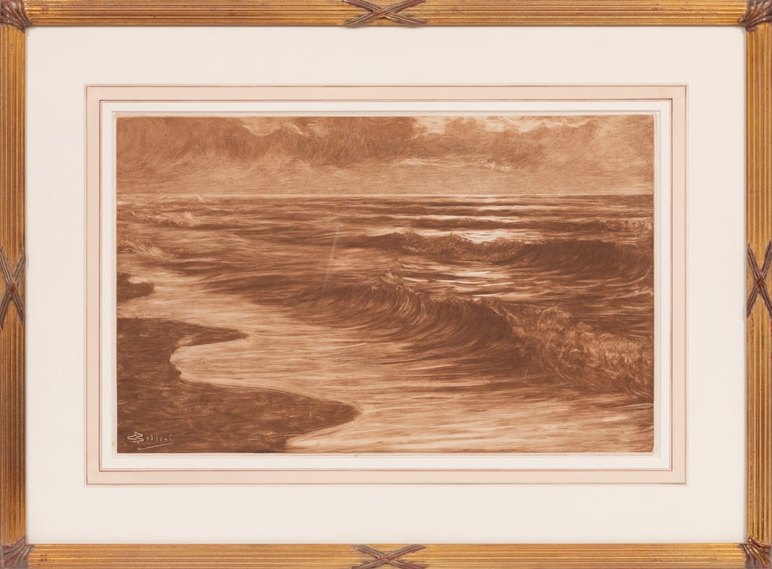 Georgio Belloni, Italian 1864-1944, "Panfili Sotto Un Cielo Rosso", monotype on paper: Georgio Belloni Italian 1864-1944 "Panfili Sotto Un Cielo Rosso" monotype on paper signed in plate lower left, inscribed "B 38" and in Italian en verso, framed. Provenance: The Bernasconi Collection,