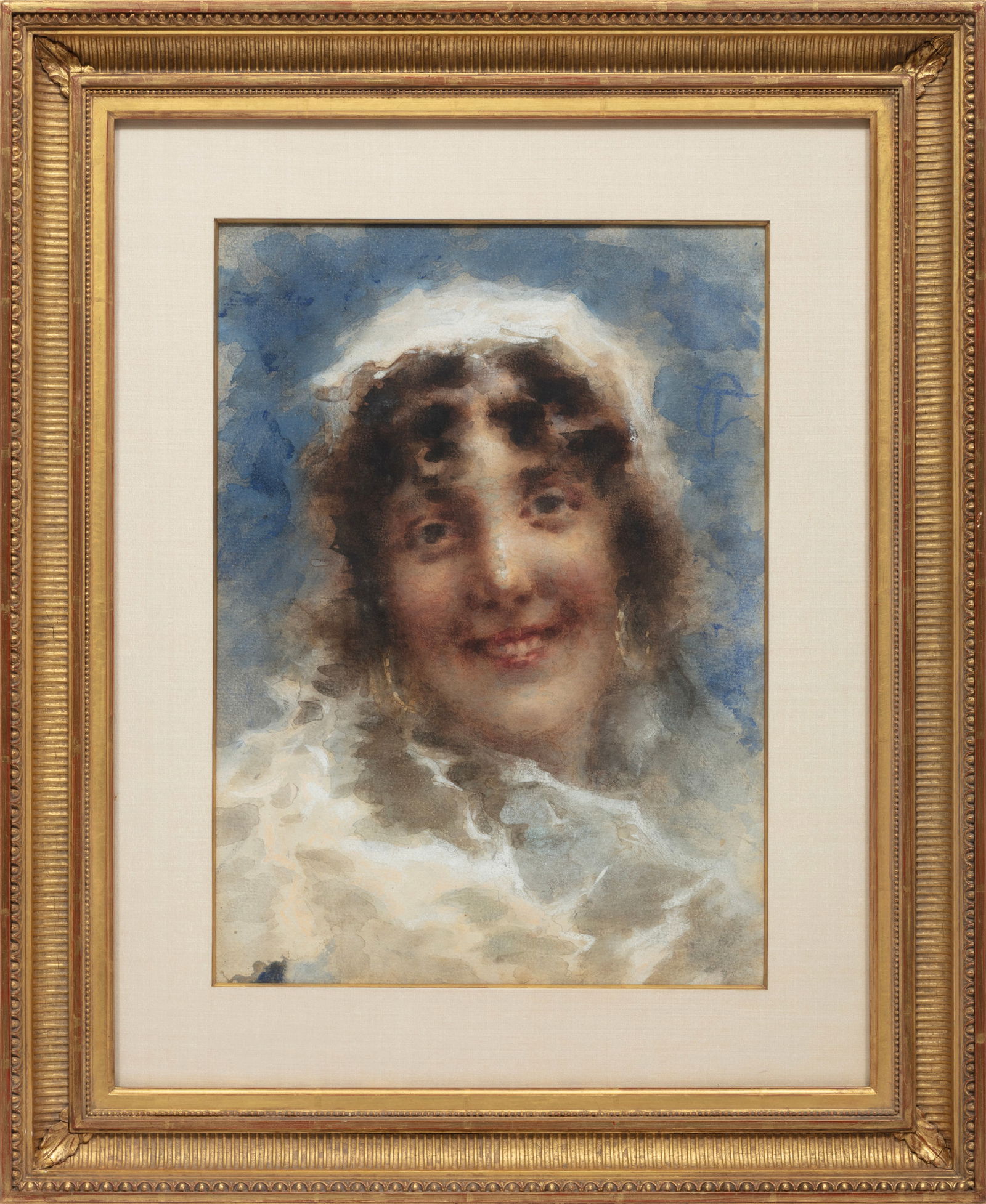 Tranquillo Cremona, Italian 1837-1878, "Il Sorriso", watercolor on heavy paper: Tranquillo Cremona Italian 1837-1878 "Il Sorriso" watercolor on heavy paper after 1870, monogrammed upper right, pencil-signed and inscribed "2975" en verso, "Borghi & Co., New York, NY" label on back