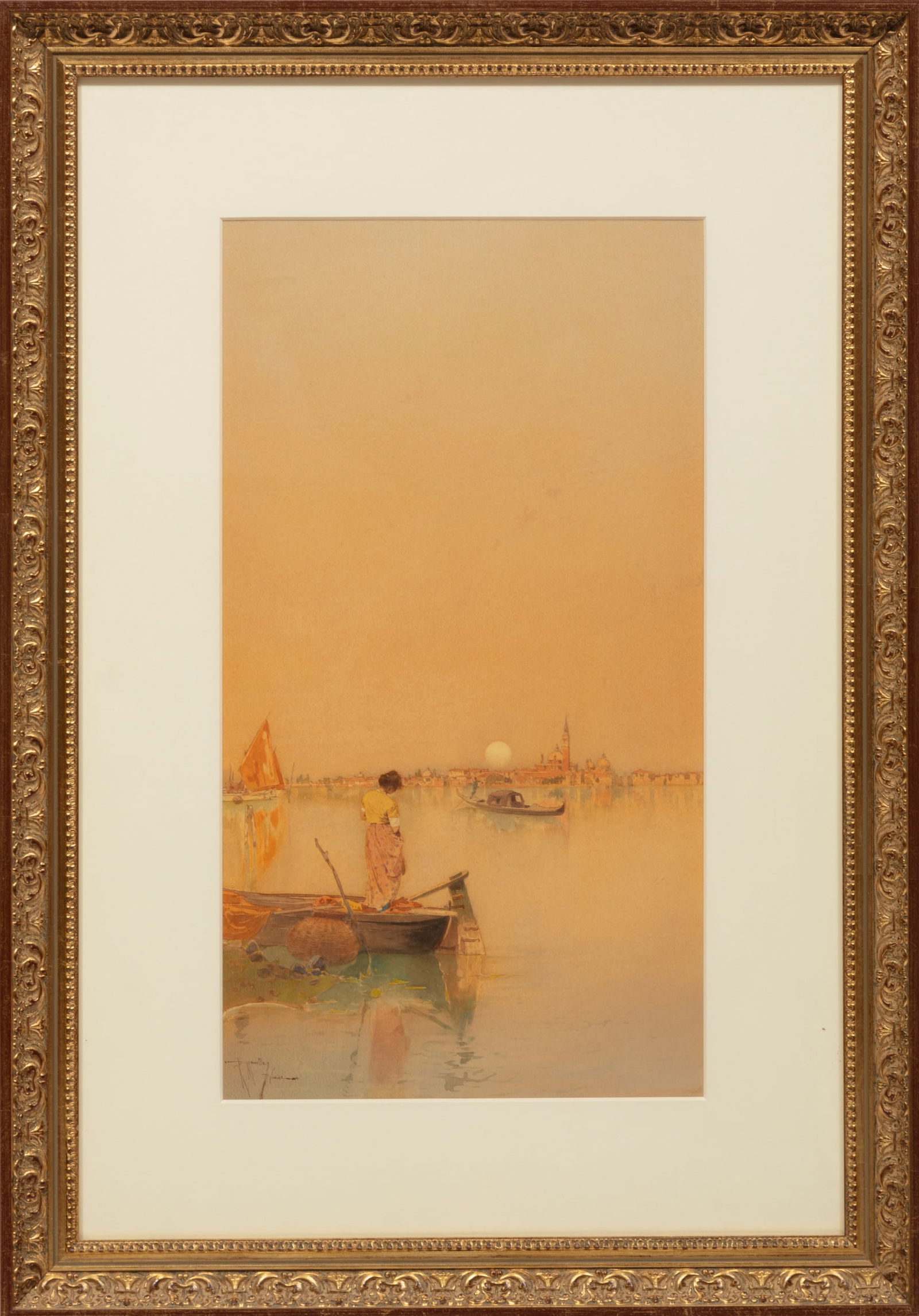 Raffaele Mainella, Italian 1858-1907, "Venetian Sunset", watercolor on paper laid on board: Raffaele Mainella Italian 1858-1907 "Venetian Sunset" watercolor on paper laid on board signed and inscribed "Venice" lower left, pencil-inscribed "371" en verso of board, pencil-inscribed "57371" on