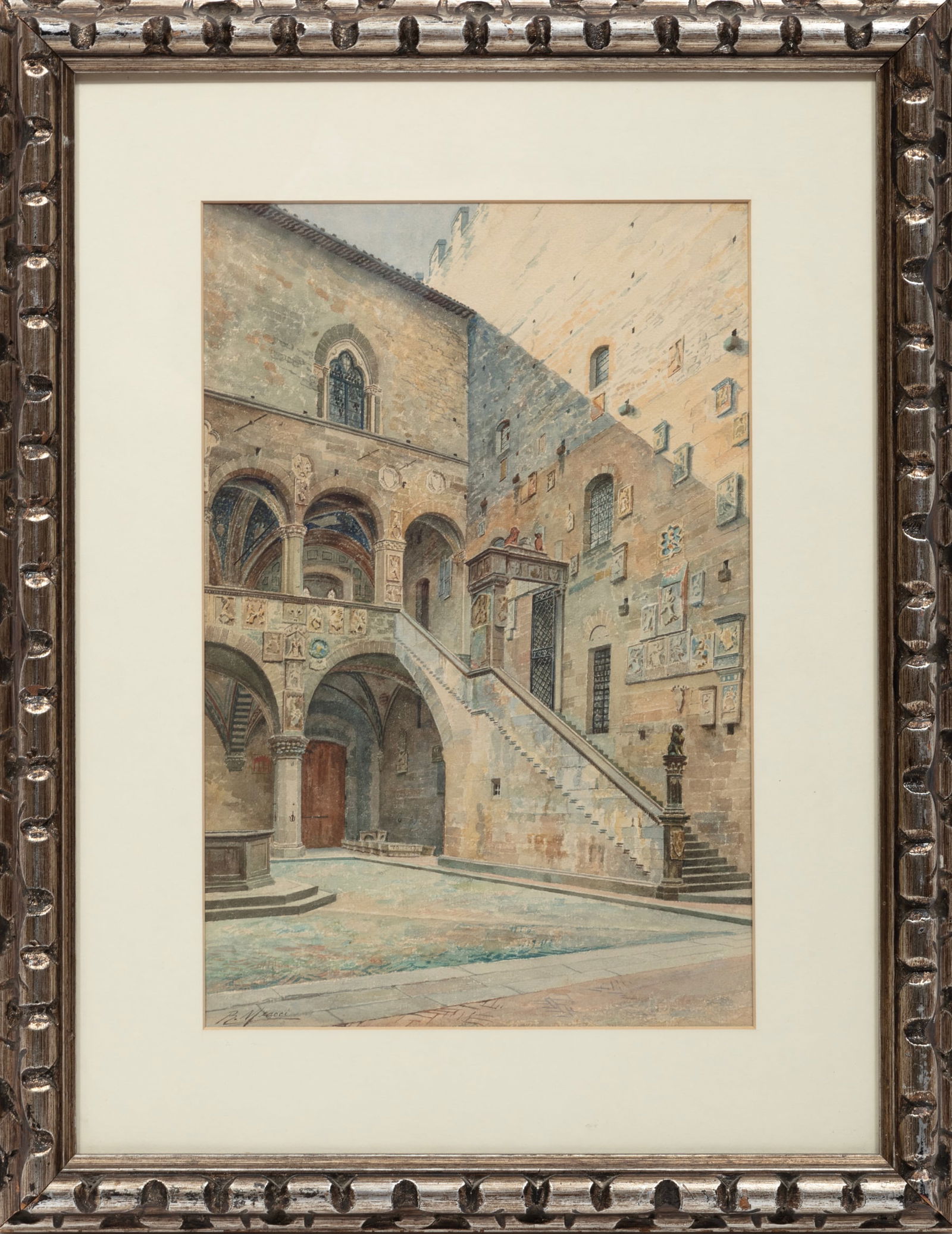 Ricciardo Meacci, Italian 1856-1938, "Museo Nazionale del Bargello Cortile, Firenze", watercolor on (1 of 3)
