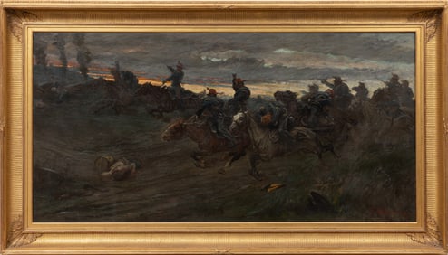 Vittorio Guaccimanni, Italian 1859-1938, "Cavalry Charge at Dawn", oil on linen