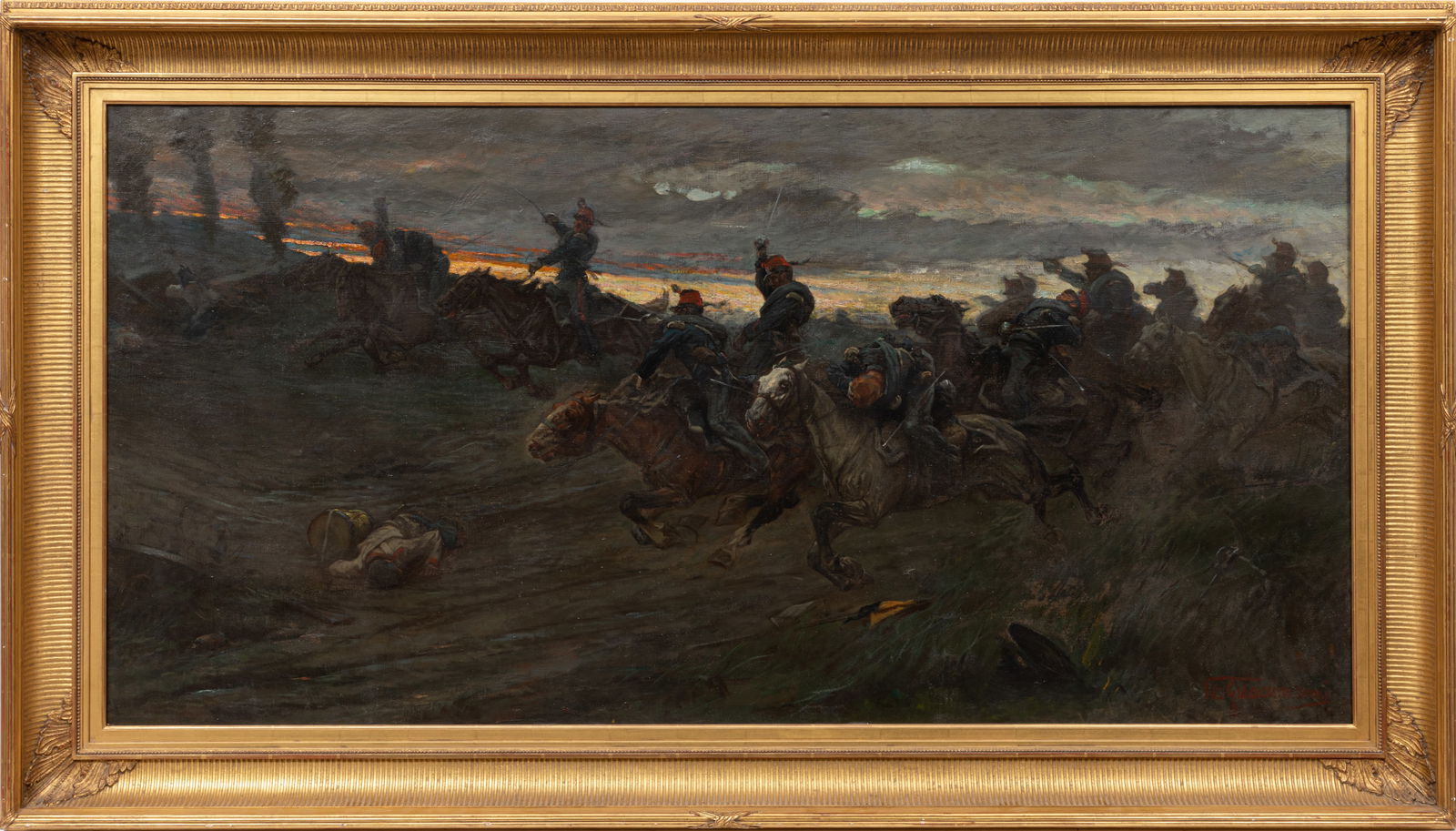 Vittorio Guaccimanni, Italian 1859-1938, "Cavalry Charge at Dawn", oil on linen: Vittorio Guaccimanni Italian 1859-1938 "Cavalry Charge at Dawn" oil on linen c. 1890, signed lower right, partial "Borghi & Co., New York, NY" label on reverse of frame, framed. Provenance: University