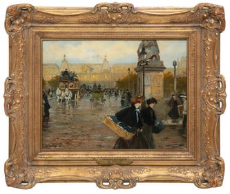 Lionello Balestrieri, Italian 1872-1958, "Pont La Carrousel, Porte La Tremoille, Paris", oil on