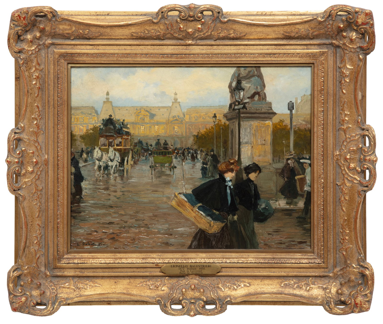 Lionello Balestrieri, Italian 1872-1958, "Pont La Carrousel, Porte La Tremoille, Paris", oil on: Lionello Balestrieri Italian 1872-1958 "Pont La Carrousel, Porte La Tremoille, Paris" oil on linen signed lower left, label with title on stretcher, "29" inscribed en verso, "Galleries Maurice Sternbe