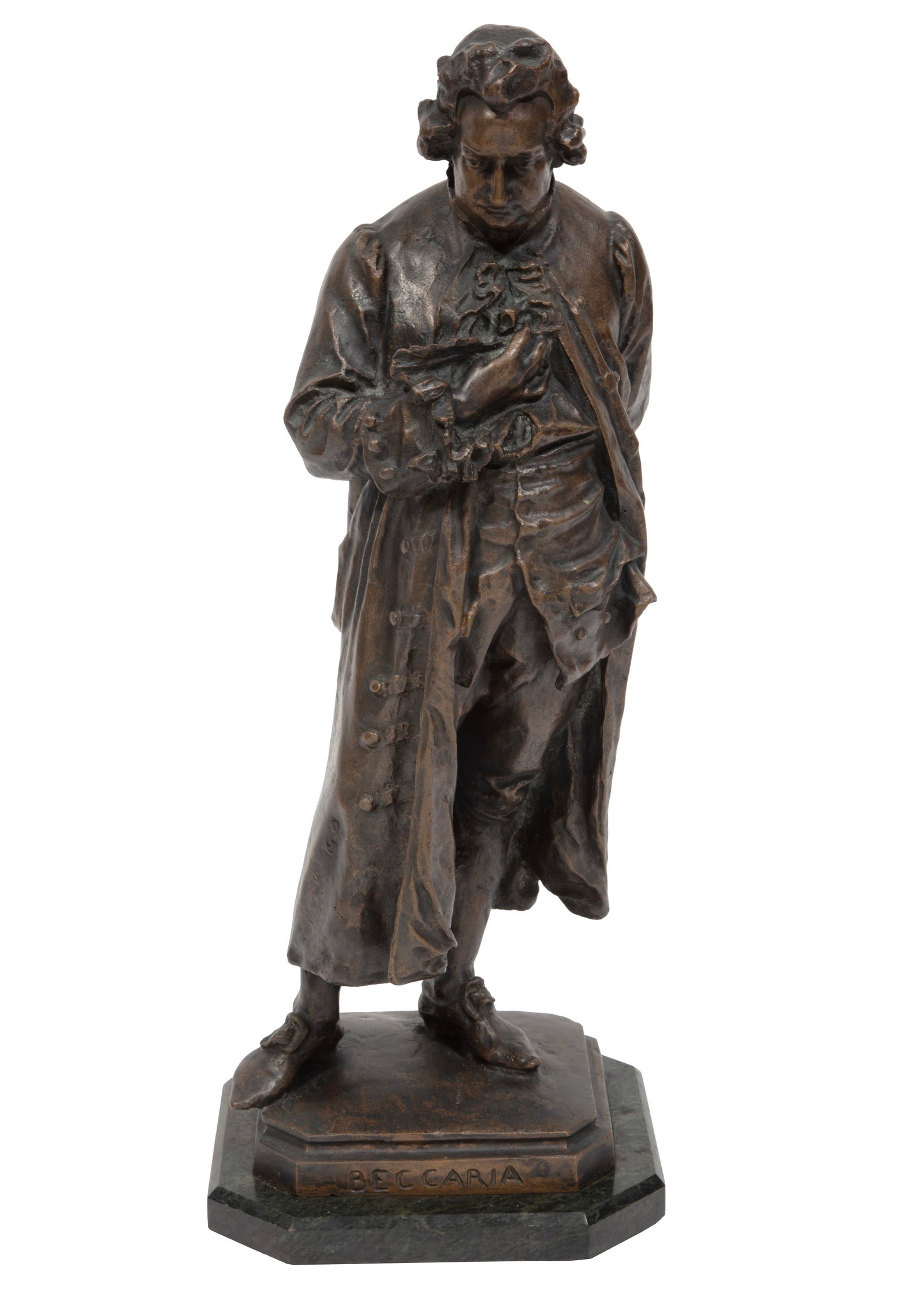Giuseppe Grandi, Italian 1843-1894, "Cesare Beccaria", bronze in gold-brown patina: Giuseppe Grandi Italian 1843-1894 "Cesare Beccaria" bronze in gold-brown patina modeled 1871, signed and titled on self-base, marble base. Provenance: Christie's, London, May 21, 1992, lot 42; Interar